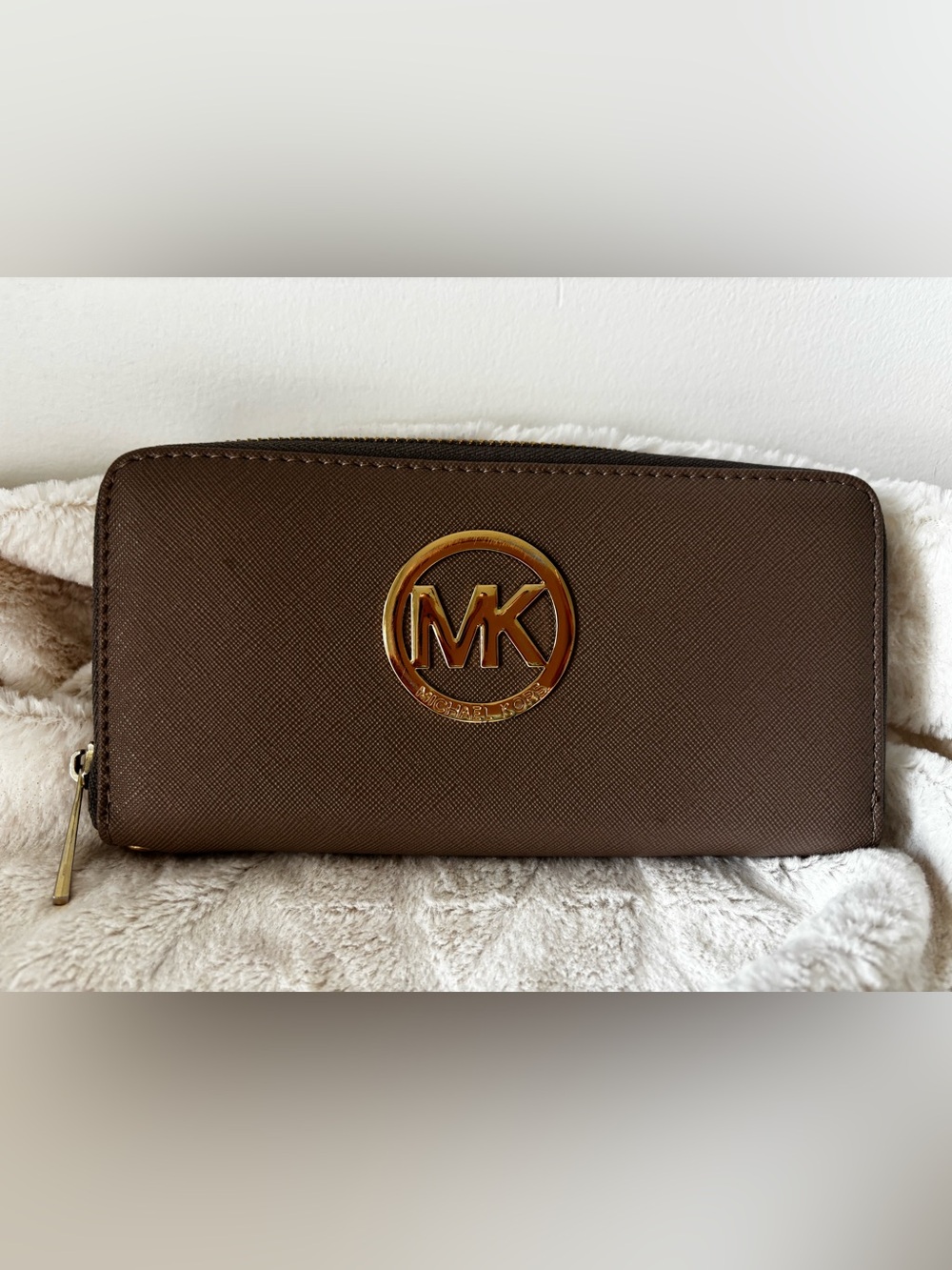 Michael Kors Brown Saffiano Leather Zip Around Wallet Gold MK Logo